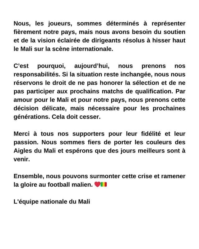 Mali football in crisis! National team dissatisfied with federation's administration, refuses to participate in World Cup qualifiers