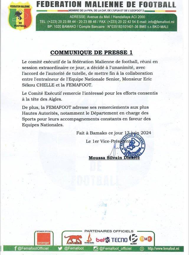 Mali FA official: Head coach Eric Ségué Sélégo dismissed