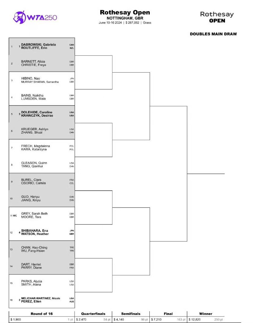 Draw: Zhang, Wang in Nottingham; Jabeur leads field as top seed