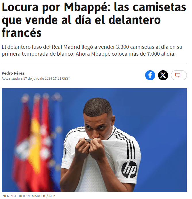 Spanish Media: Mbappe's Jersey Nears Sell-Out, Sales Double Ronaldo's, Rivaling Beckham in Commercial Value