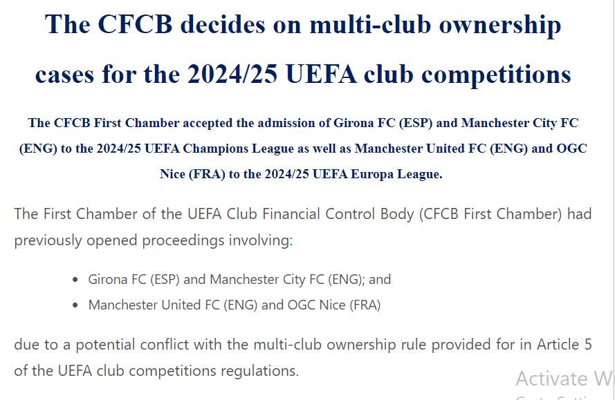 UEFA Official: Manchester United, Manchester City, Nice, and Girona Allowed to Compete in Same Continental Tournaments