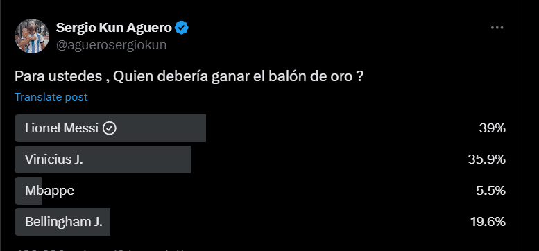 Still no match for Messi? Aguero conducts online poll for Ballon d'Or, with Bellingham receiving far fewer votes than Messi