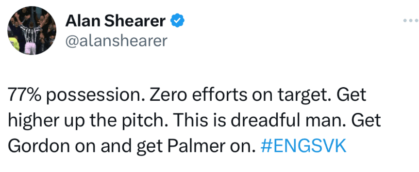 Alan Shearer Criticizes on Social Media: 77% Possession but No Shots On Target - Bring on Gordon and Palmer!