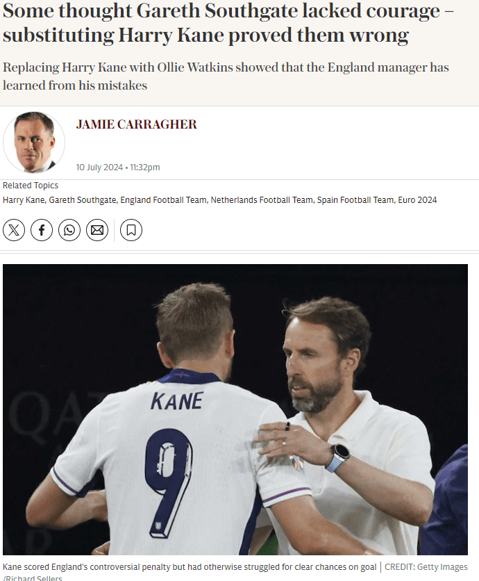 Armchair Quarterback? Carragher: In the Year-end Final Against Italy, Southgate Should Have Substituted Kane