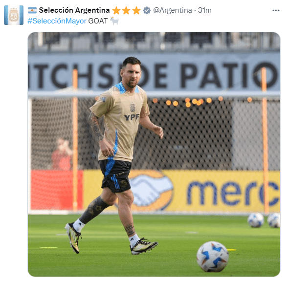 Argentina's national team official social media shares Messi training photo with caption: GOAT