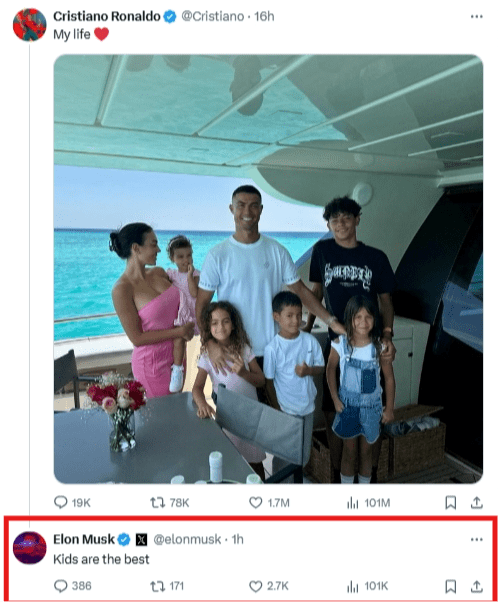 Ronaldo Shares Blissful Family Vacation Photos; Notable Businessman Musk Likes and Comments: "Kids are the best"