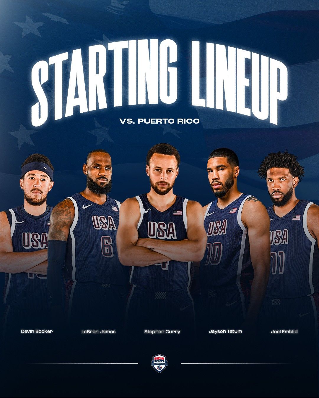 USA vs Puerto Rico Starting Lineup: Curry, Booker, James, Tatum, Embiid