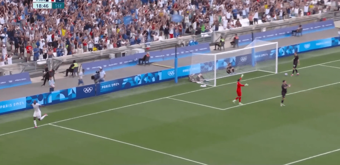 Matteta scores with a low-angle left-footed shot inside the box; France vs. New Zealand