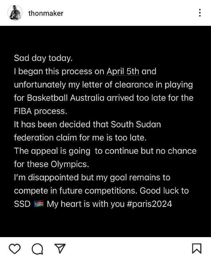 Thon Maker Unable to Represent South Sudan in the Olympics Due to Late Clearance Letter from Basketball Australia