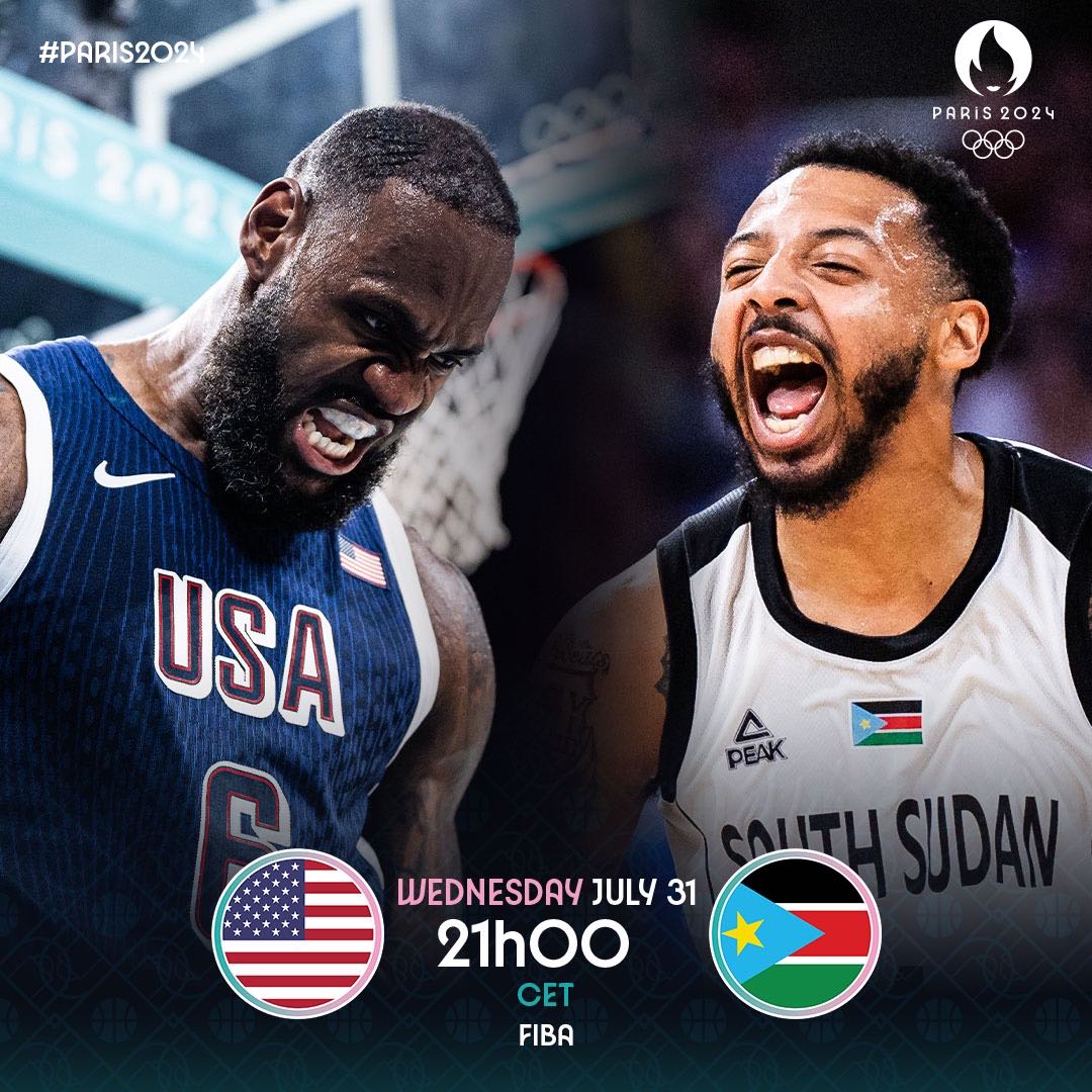 James dunks for scores, USA starts with a run - forcing South Sudan to call a timeout; South Sudan then responds with a run of their own - taking the lead