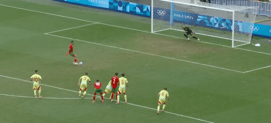 Barrios Kicks Opponent in the Penalty Area, Penalty Awarded; Rahimi Scores, Morocco Leads Spain