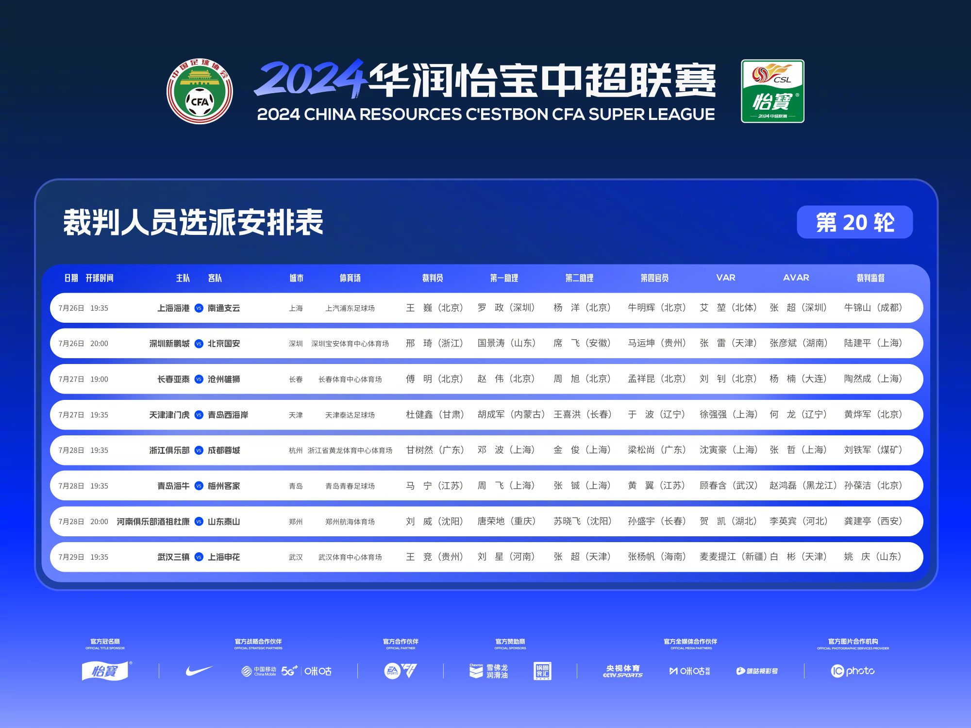 CSL Round 20 Referee Appointments: Ma Ning Takes Charge of Hainiu vs. Meizhou; Fu Ming Referees Changchun vs. Cangzhou