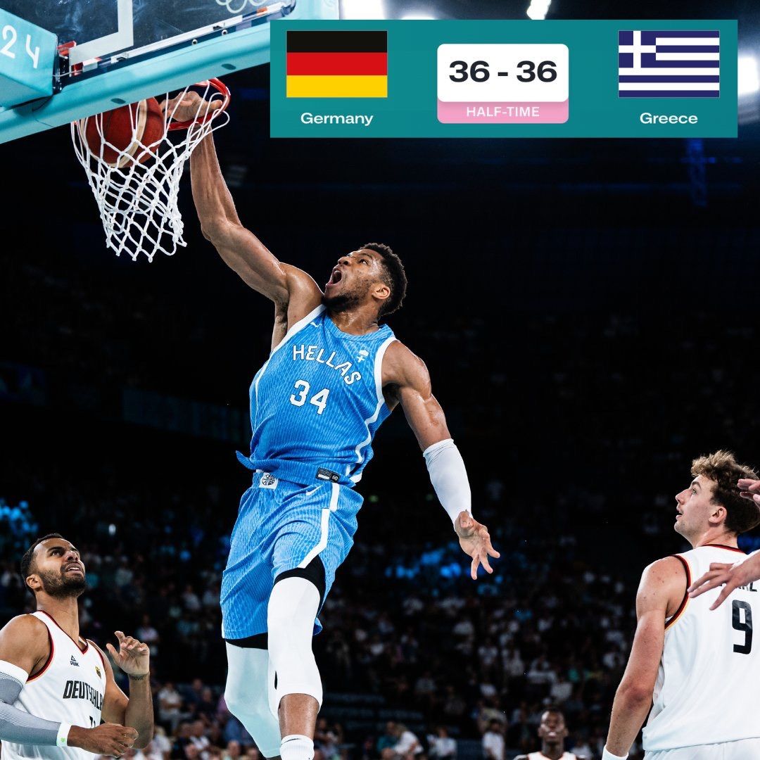 Olympic Men's Basketball Semi-Final: Giannis Scores Big as Greece Battles Germany to a Draw at Half Time