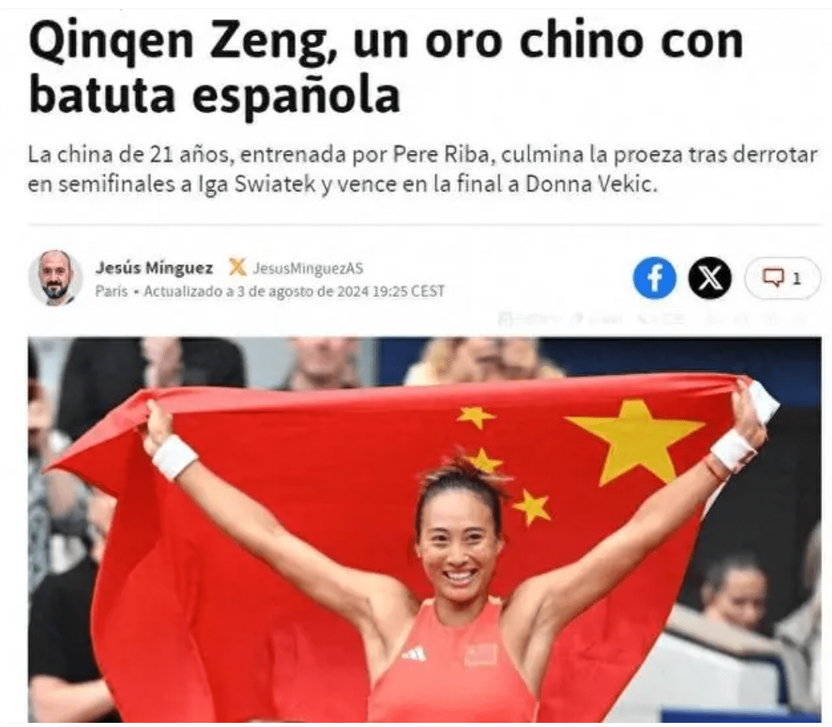 Aspaper Hails Zheng Qinwen's Victory: Spanish Coach Played a Key Role, Assisted by Real Madrid’s Nutritionist