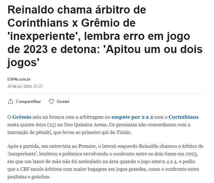 Gremio Players Complain About Suffering Year After Year in Away Matches Against Corinthians: Can't We Have an Experienced Referee?