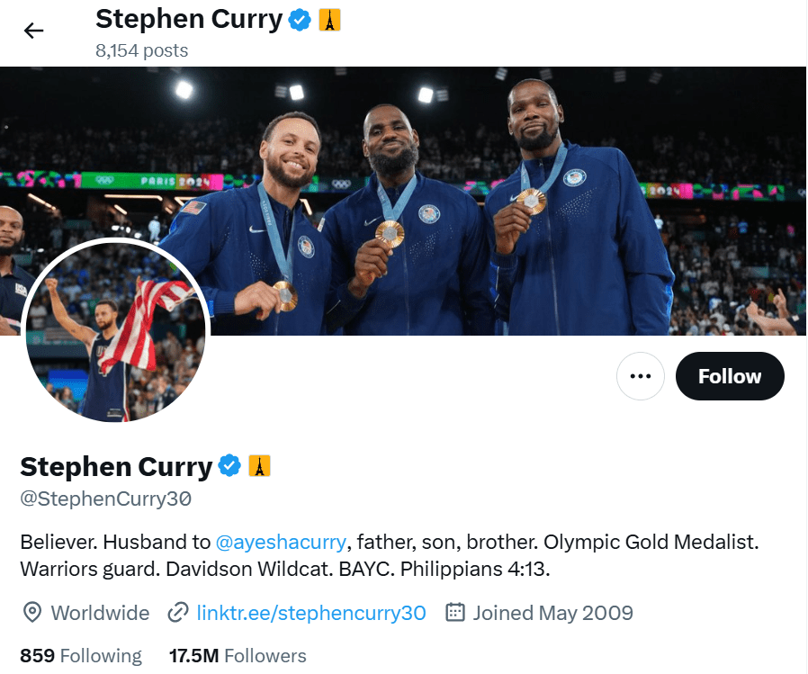 Curry Changes Social Media Profile Background to Olympic Photo Featuring James, Durant, and Himself; Profile Includes Identity as Warriors Player