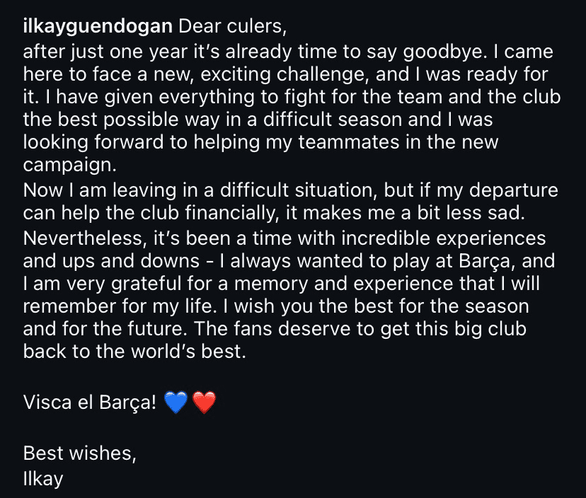 Gundogan Bids Emotional Farewell to Barcelona: I Will Always Long to Play for Barca, May You Return to the Top of the World