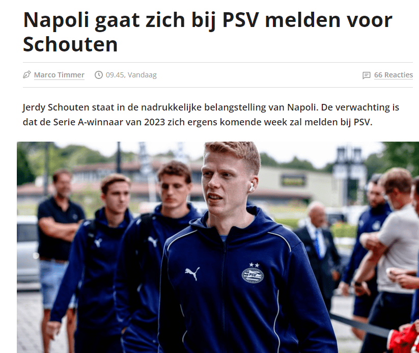 Dutch Media: Napoli and PSG Both Interested in PSV Midfielder Schouten