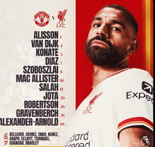 Manchester United vs. Liverpool: B Fee, Garnacho Start; Salah, Alexander-Arnold Play