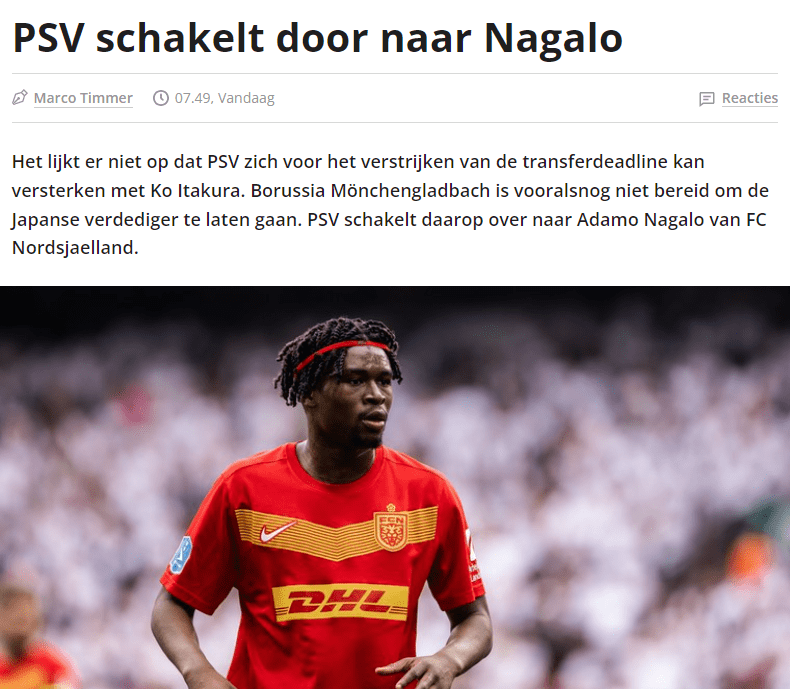 Dutch Media: After Failing to Secure Takehiro Tomiyasu, PSV Eindhoven Targets NorthWest Defender Nagalo