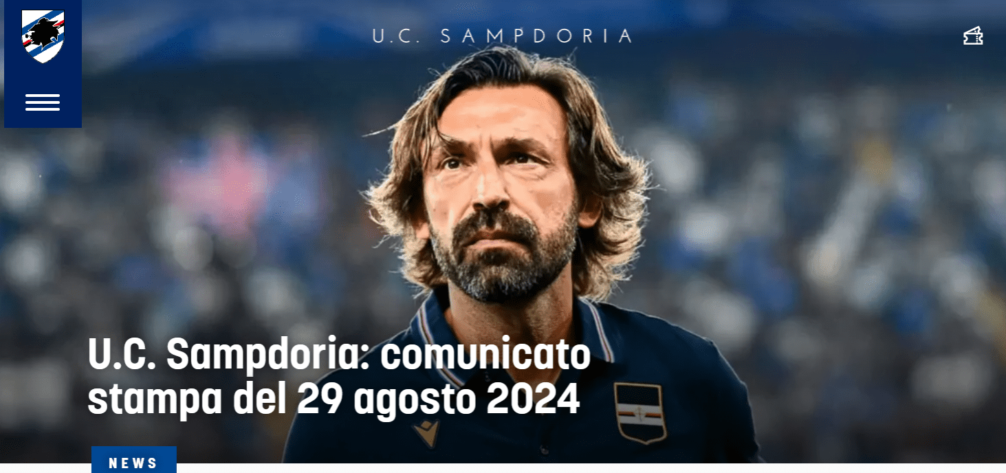 Sampdoria Official: Coach Pirlo Relieved of Duty, Thanking Him for His Professionalism