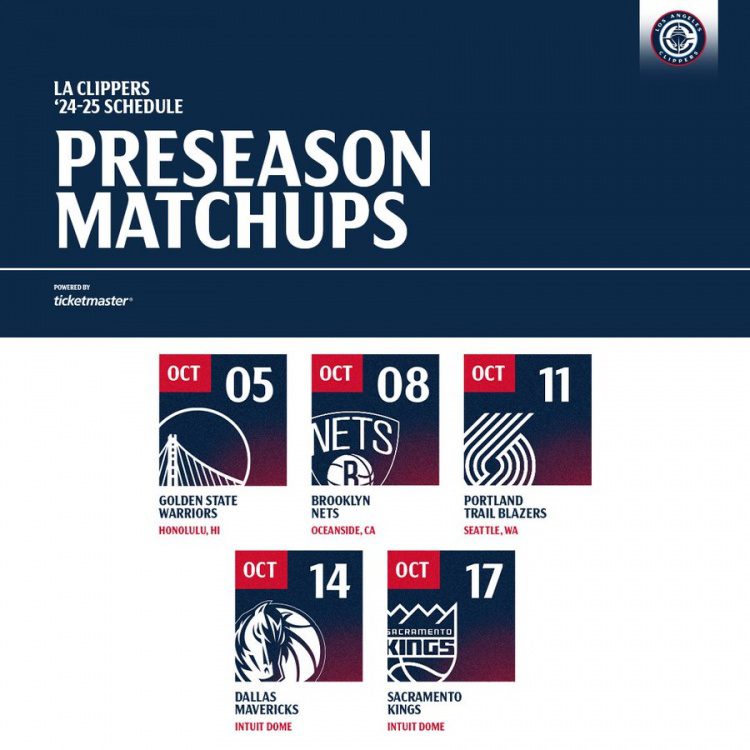 Clippers Preseason Schedule: Opening Game Against the Warriors on Month Day, New Home Games Against Mavericks & Kings