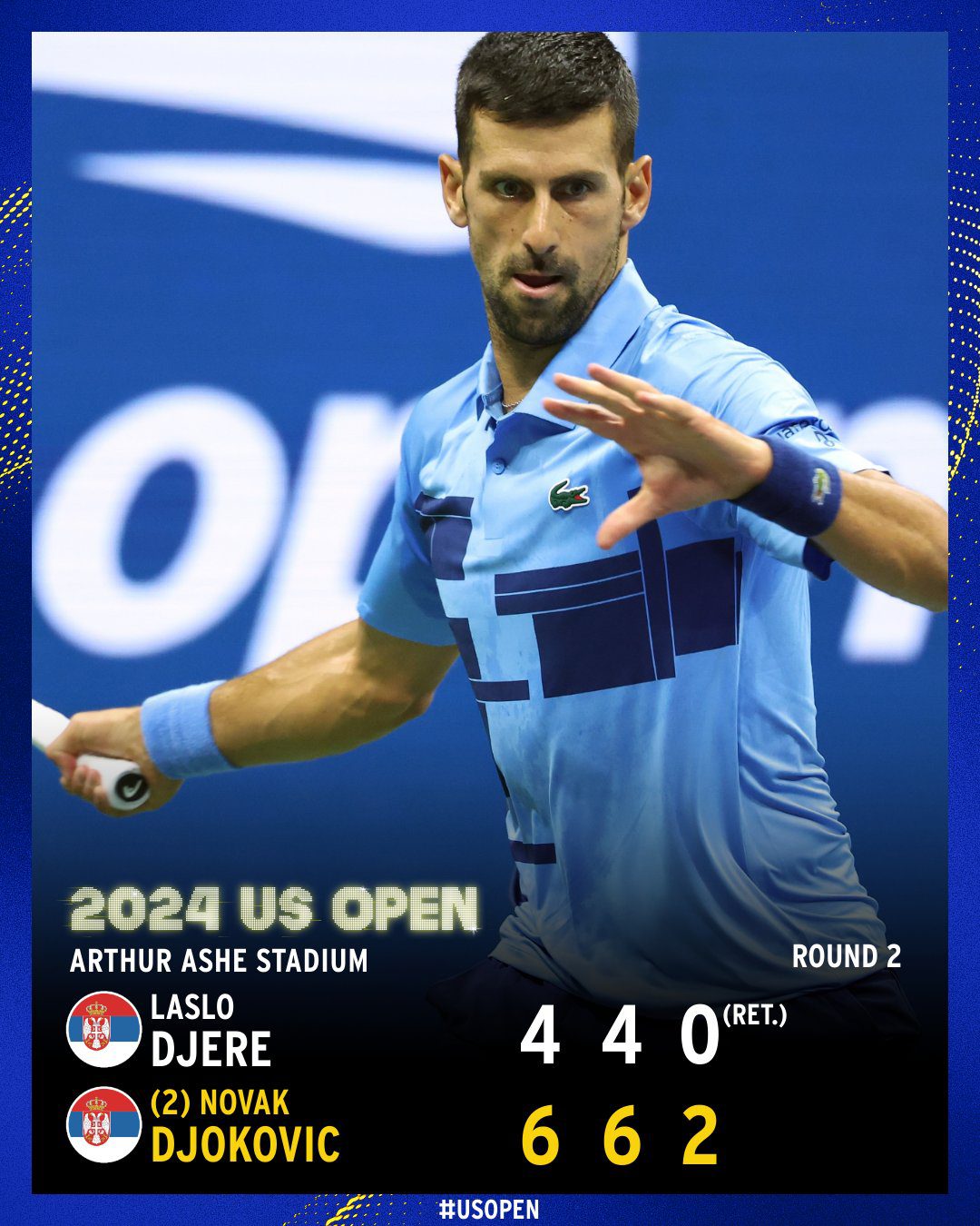 US Open Men's Singles Second Round: Djere Retires Injured in Third Set, Djokovic Advances