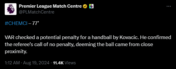 Premier League Match Center Responds to Kovacic's Suspected Handball: The Ball Was Too Close, Player Had No Time to React