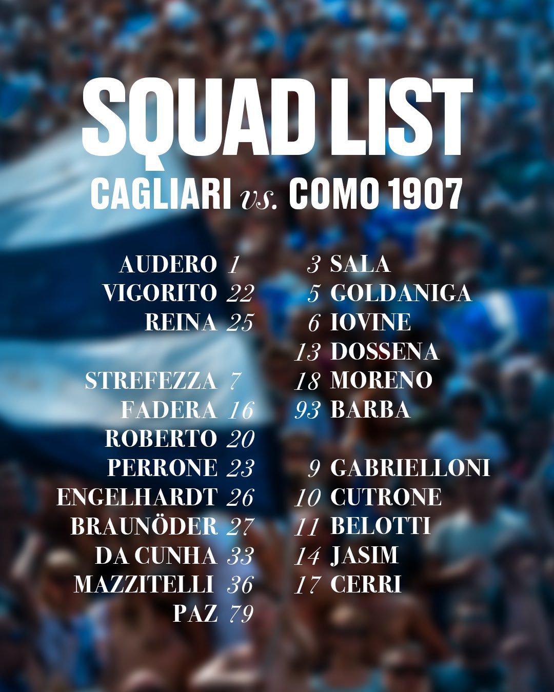 Como Announces Squad for Cagliari Clash: New Signings Pas and Peron Both Included