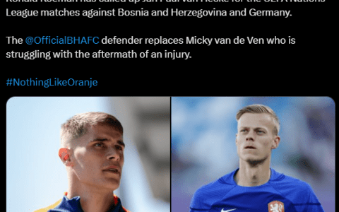 Netherlands Team Official: Tottenham Hotspur Defender Van der Veen Withdraws from Current Squad Due to Injury; Brighton's Van Hecke Called Up as Replacement