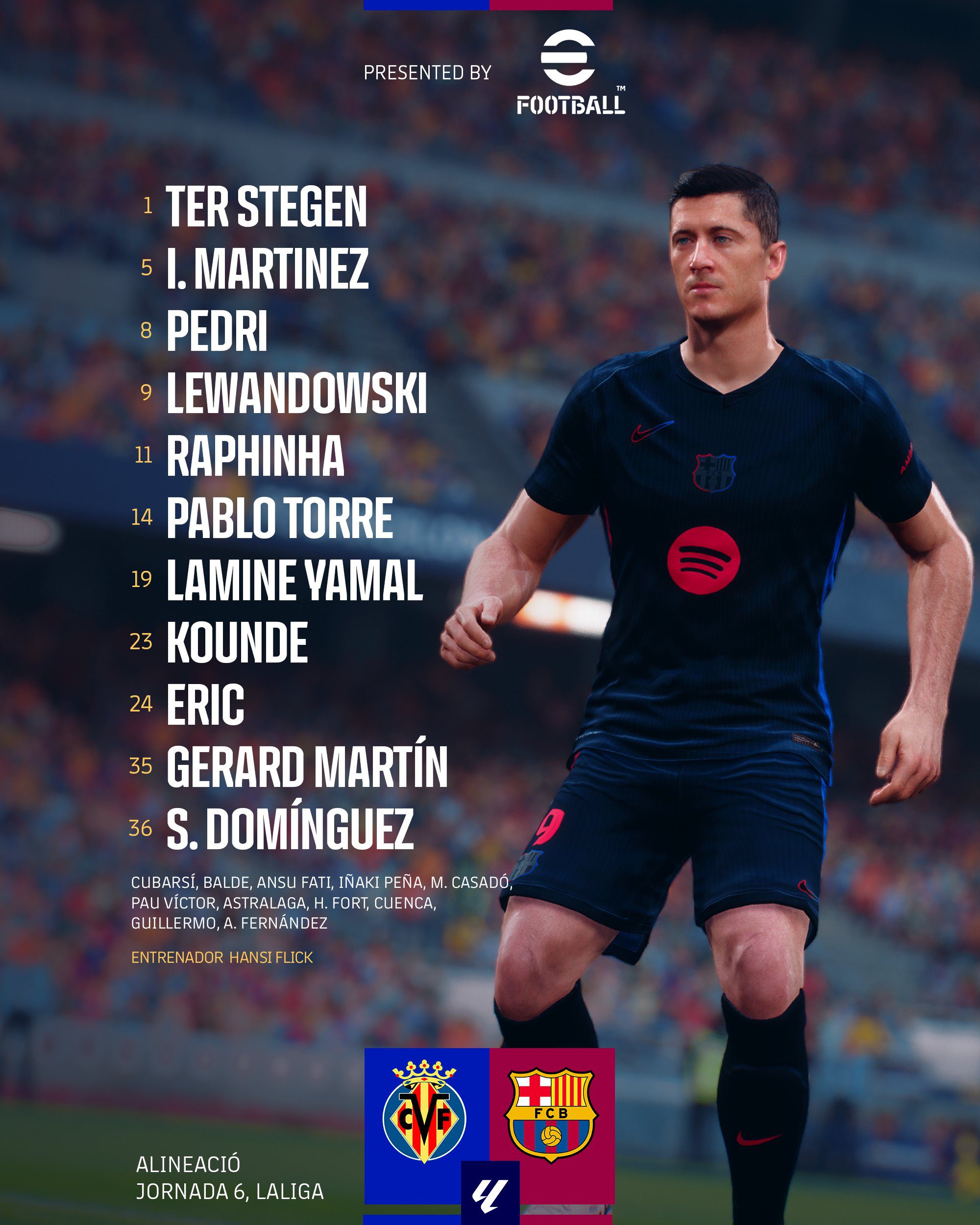 Barcelona's Away Match Against Villarreal: Starting Lineup Features Lewandowski and Yamal, Several Young Players Rotated In