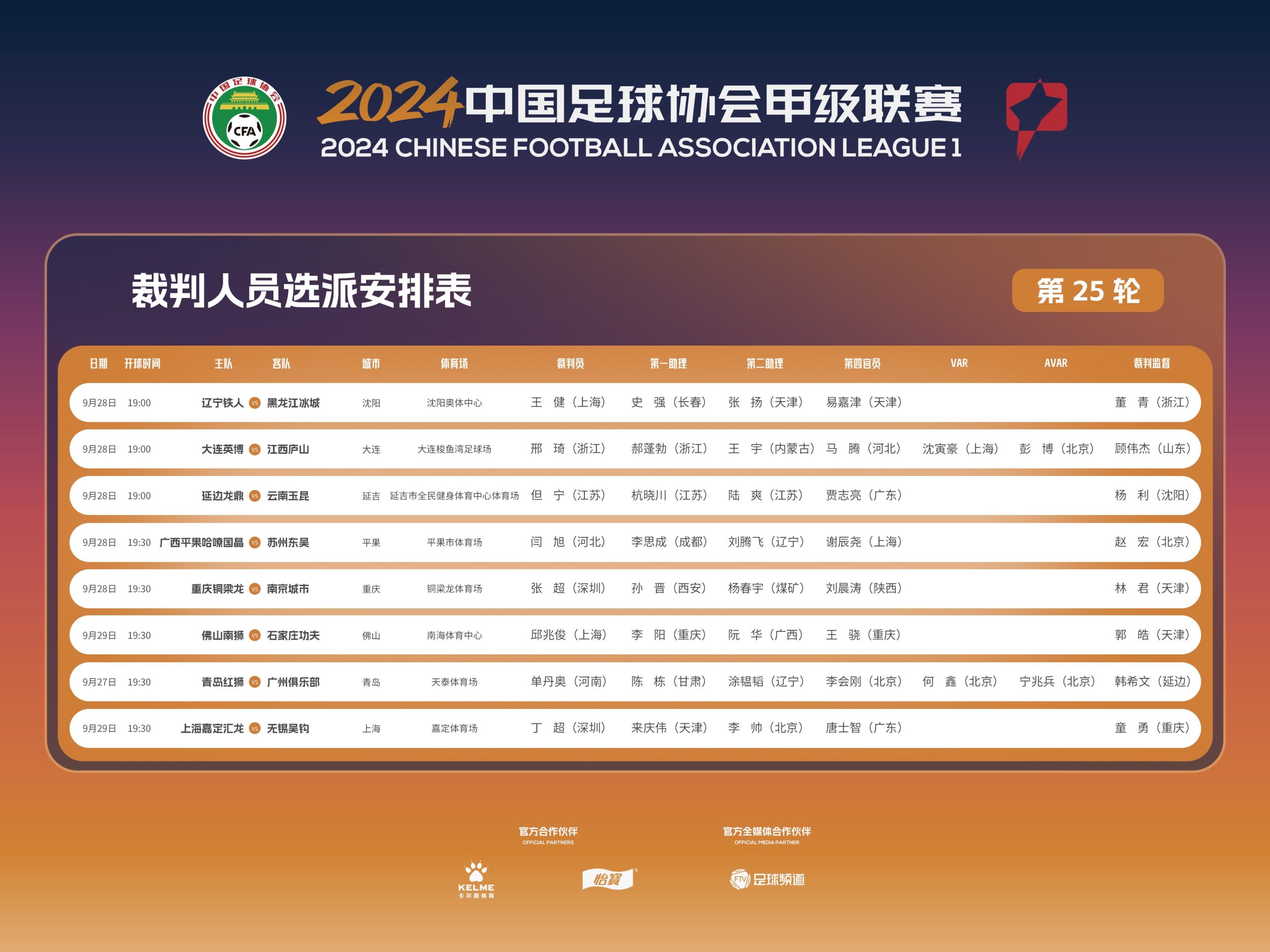 Referees Appointed for Round 25 of the 2024 China League One: Zhang Chao to Officiate Chongqing vs Nanjing