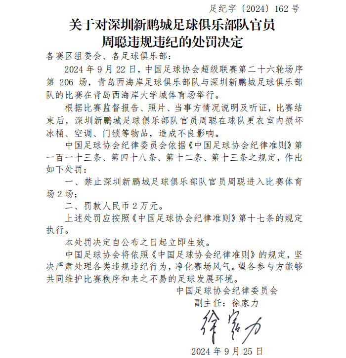 Official FA Announcement: Shenzhen Xinpengcheng Official Damages Air Conditioner and Door Lock in Qingdao West Coast Home Locker Room, Receives Stadium Ban and Fine