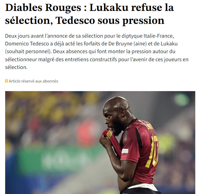 Multiple Belgian Media: De Bruyne and Lukaku to Miss Out on Belgium Squad for This Round