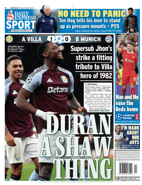 Villa Forward Duran Headlines Major UK Media, Dubbed "Super Sub"