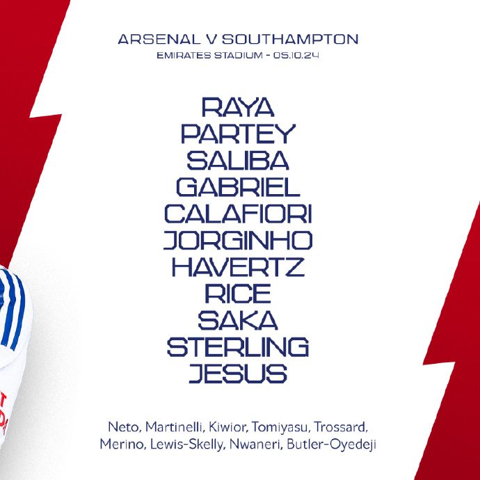 Arsenal vs Southampton Starting Lineups: Saka Leads the Team! Sterling, Jorginho, and Aribo Included