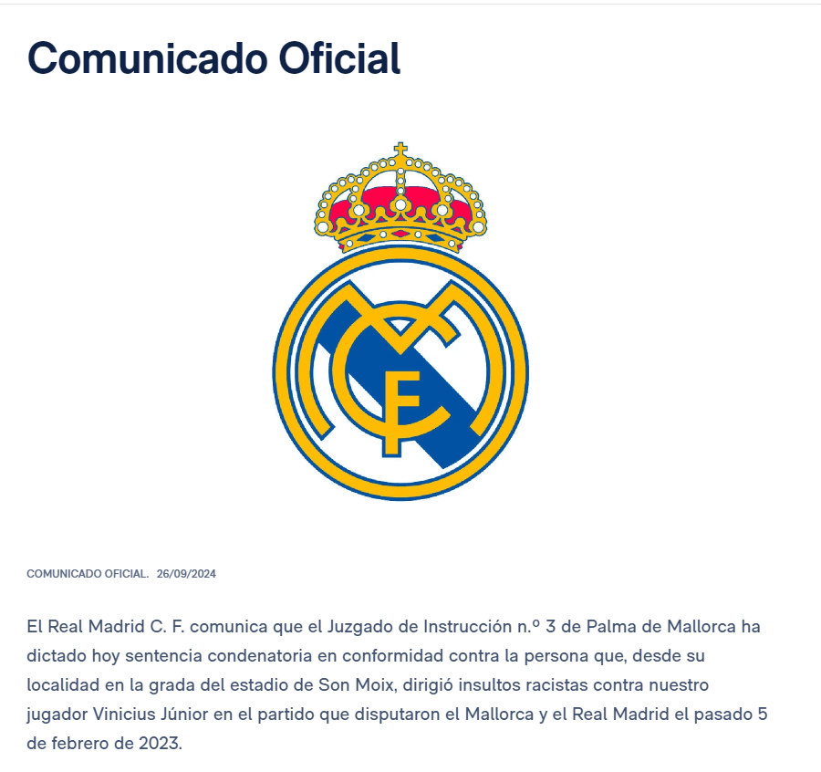 Real Madrid Official Website: Fan Sentenced for Insulting Vinicius; Three Cases of This Nature Recently Convicted