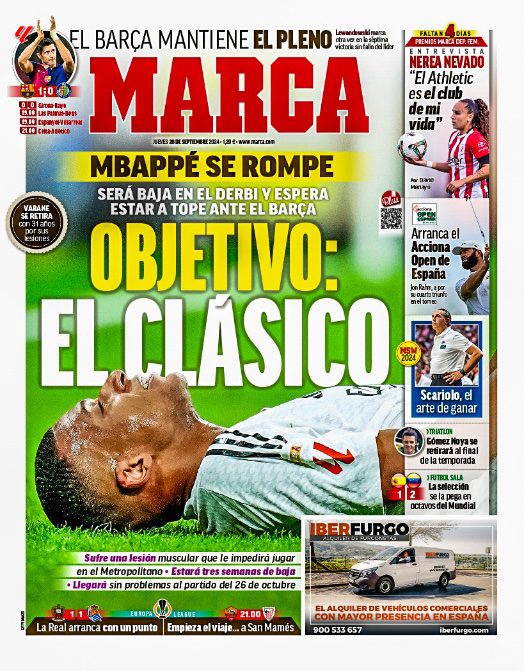 MARCA Front Page: Mbappe Definitely Able to Play in El Clasico