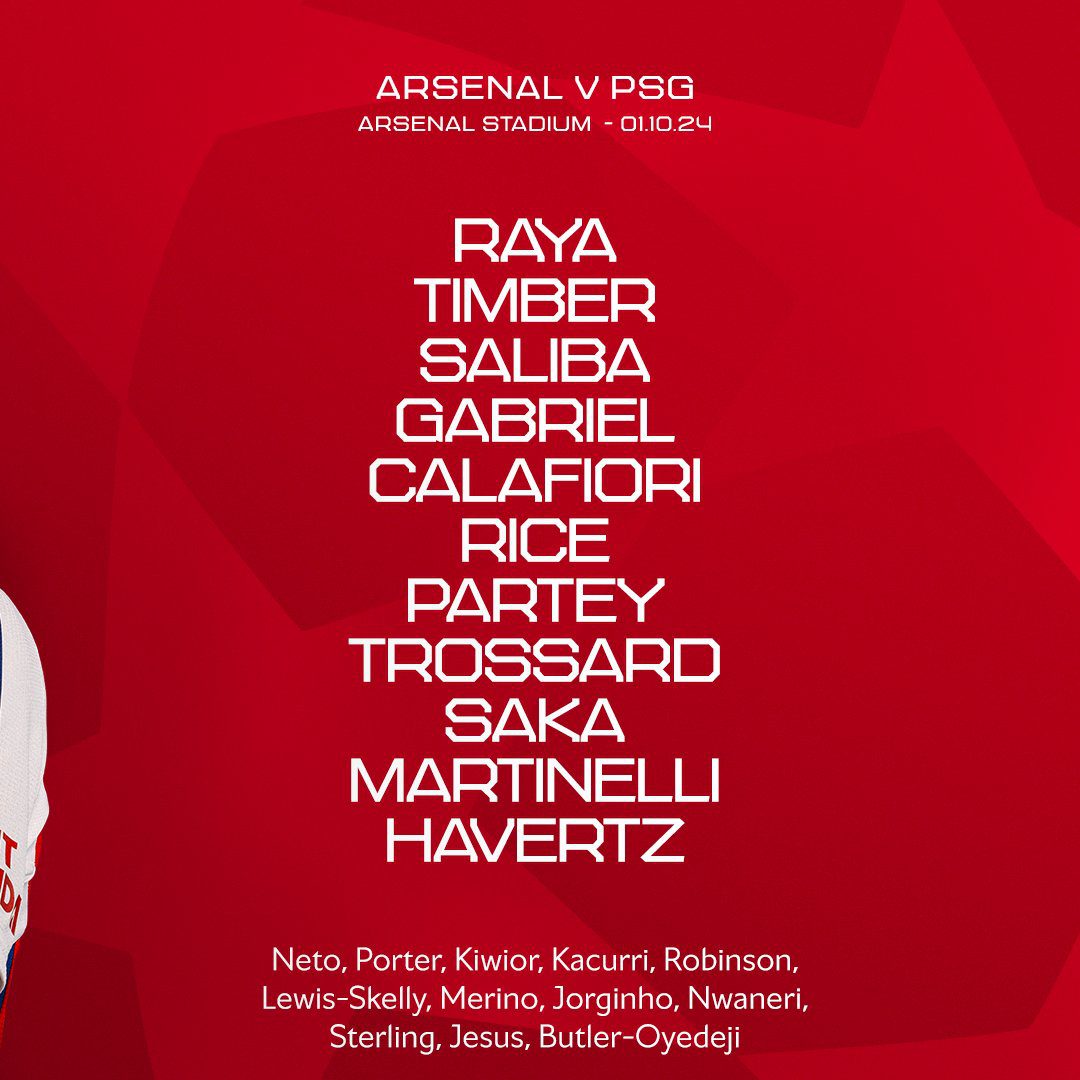 Arsenal vs Paris: Havertz Starts, Merino Replaces