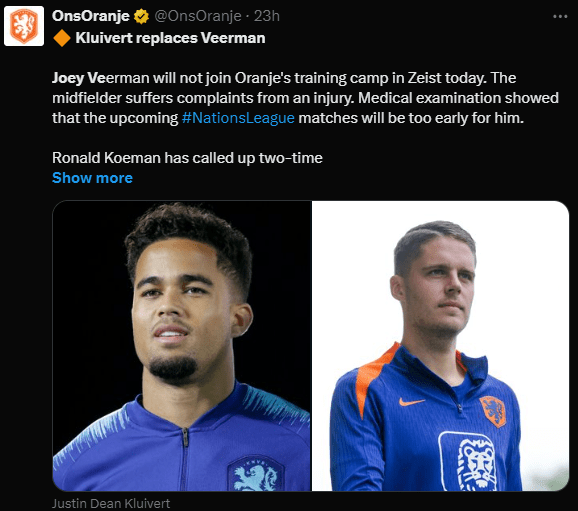 Netherlands Team Official: Veerman Withdraws from Squad Due to Injury; Bournemouth Forward Kluivert Called Up as Replacement