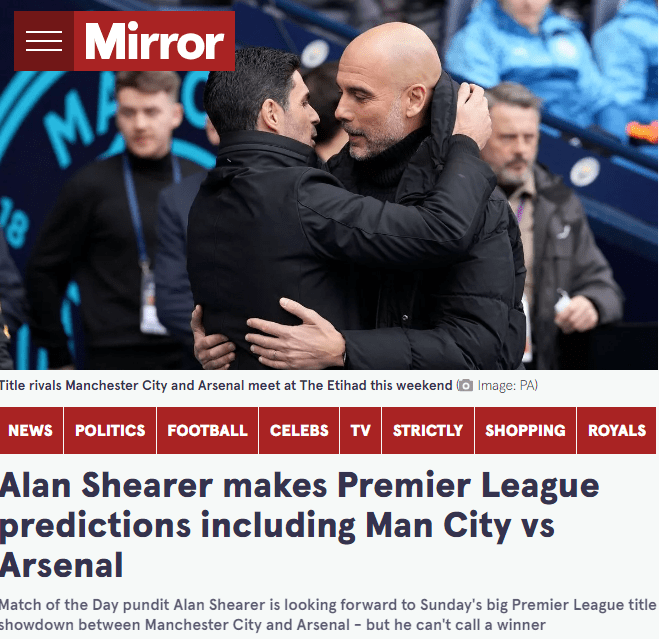 Shearer: Top-of-the-Table Clash Between Manchester City and Arsenal Likely to End in a Draw; Manchester United and Newcastle to Struggle Away, Only Liverpool Fancied to Win Among the Big Teams