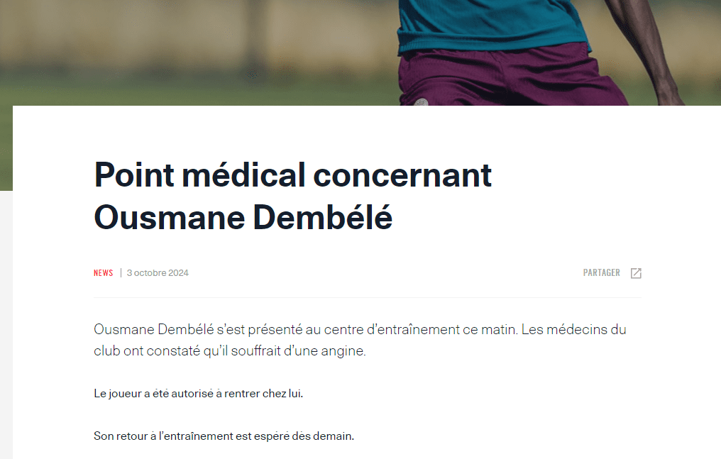 Paris Saint-Germain Official: Dembélé Unable to Participate in Group Training Due to Angina Pectoris, Allowed to Return Home; Expected to Resume Training Tomorrow