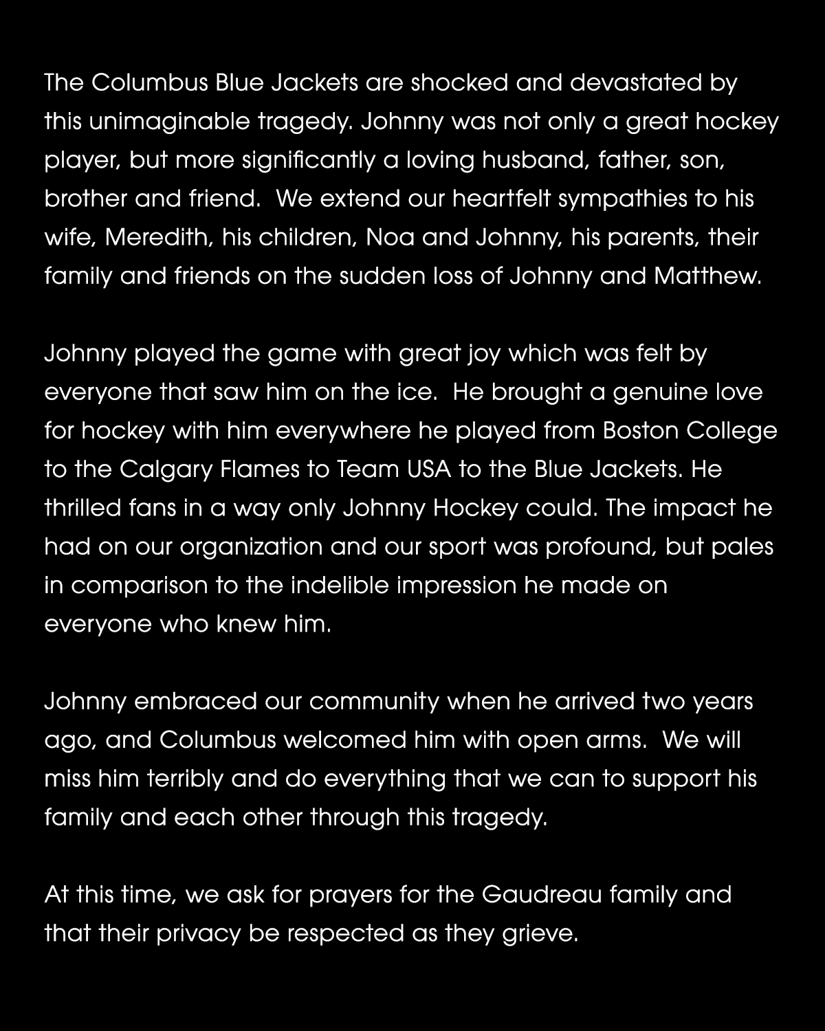 Knights Officially Mourn the Loss of NHL's Columbus Blue Jackets Player Johnny Gaudreau, Who Died in a Car Accident Along with His Brother