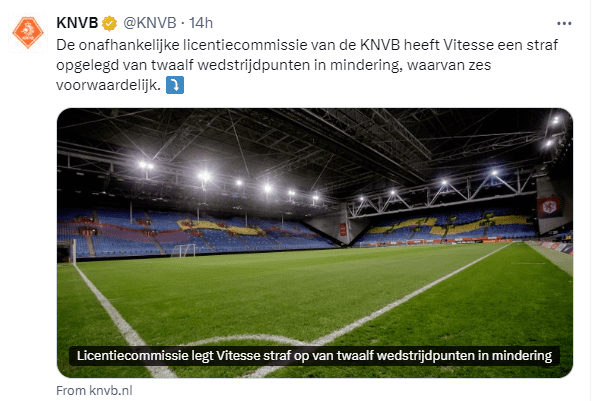 Netherlands FA Official: Vitesse Penalized with Points Deduction for Late Financial Report Submission, Points Deduction Pending