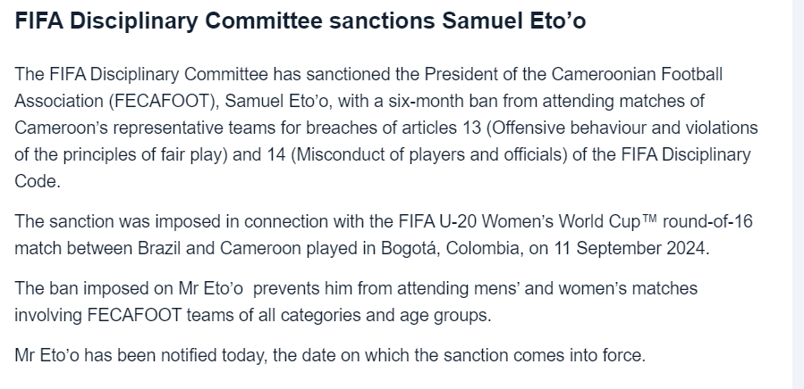 Official: Cameroonian FA President Eto'o Banned from Football for Six Months by FIFA