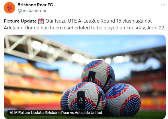 Brisbane Roar Official: Match Against Adelaide United Postponed Due to Concert at the Stadium