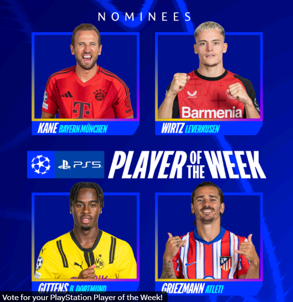 UEFA Champions League Official First Round Best Player Nominees: Kane, Wirtz, Giuntens, Griezmann