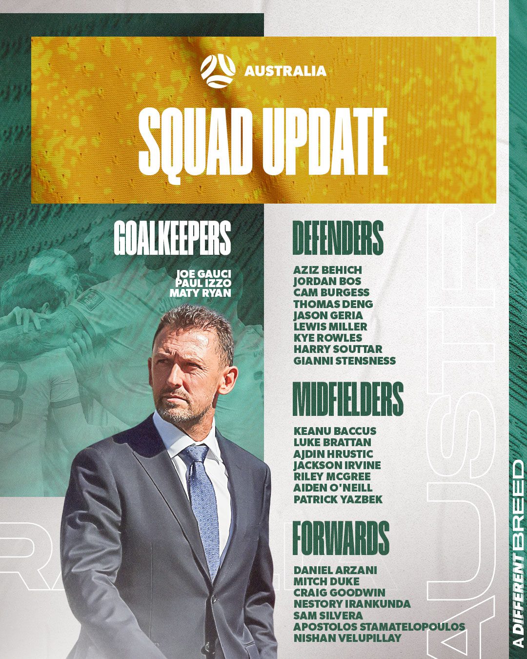 Official: Australia Squad Updates Roster, Makes Changes in Midfield Due to Injuries