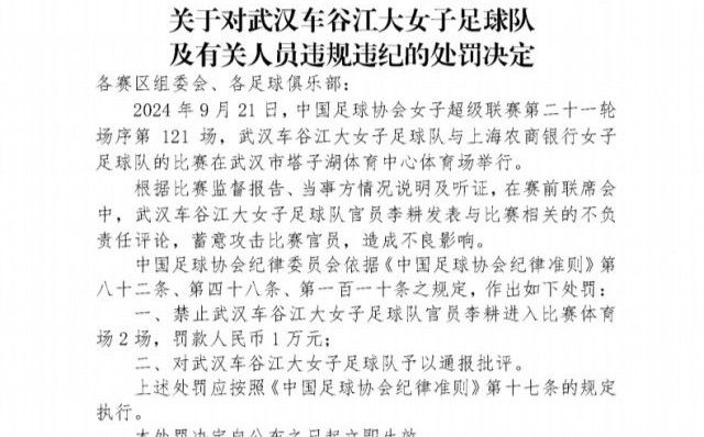 Deliberate Attack on Match Officials: Wuhan Women's Football Club Official Penalized for Improper Remarks