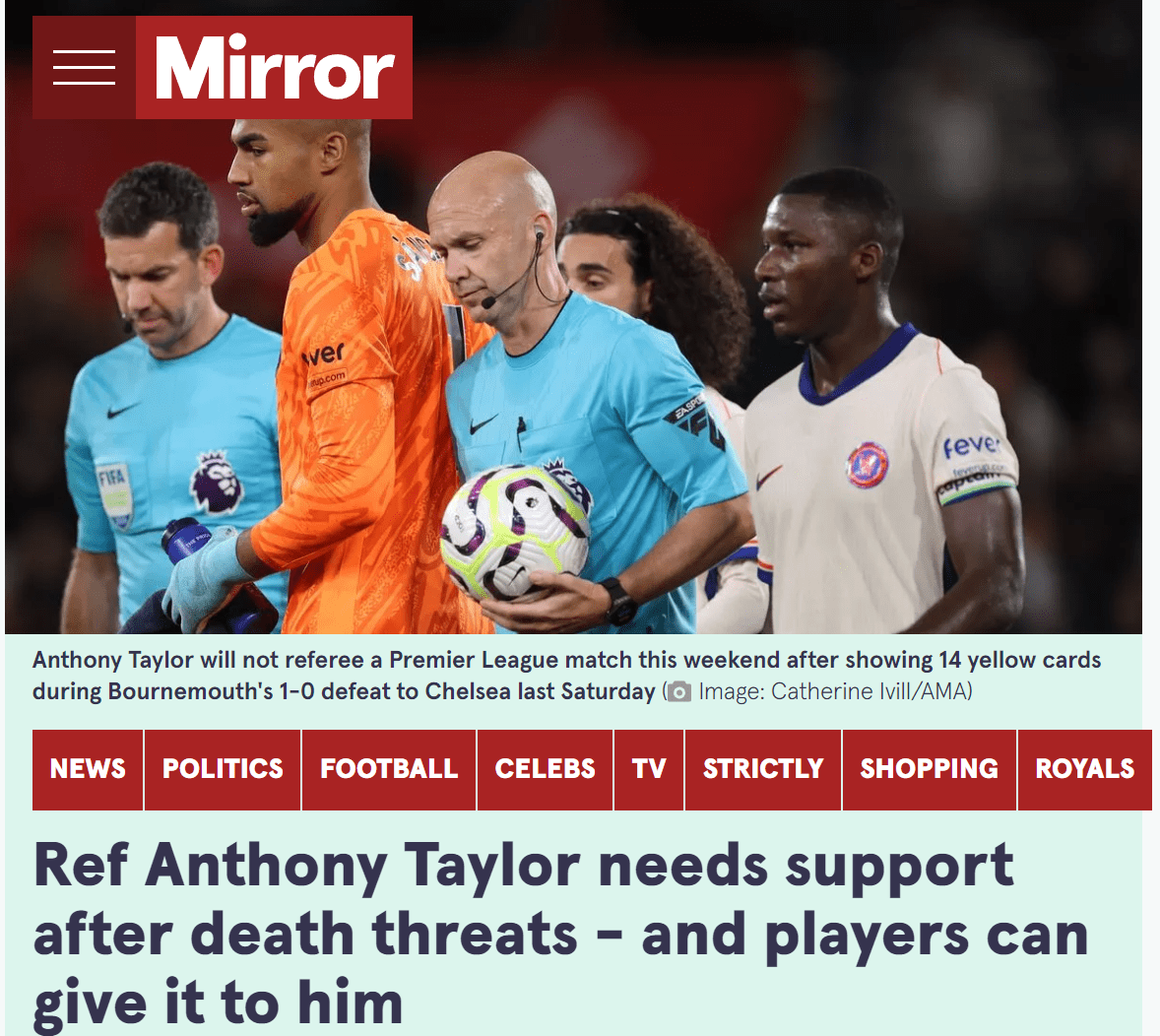 Mirror: Anthony Taylor Should Not Face Death Threats; Premier League Players Should Offer Support